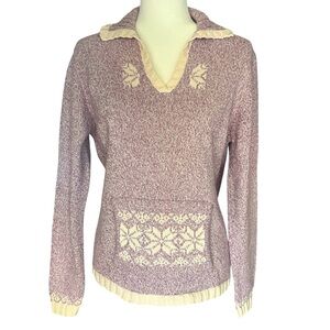 Woolrich Fair Isle Collared V Neck Sweater Purple Snowflake Cotton Womens Medium